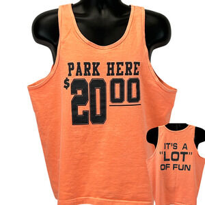 Vintage Park Here It's A Lot of Fun Tank Top Mens Large Parking 90s Shirt Orange